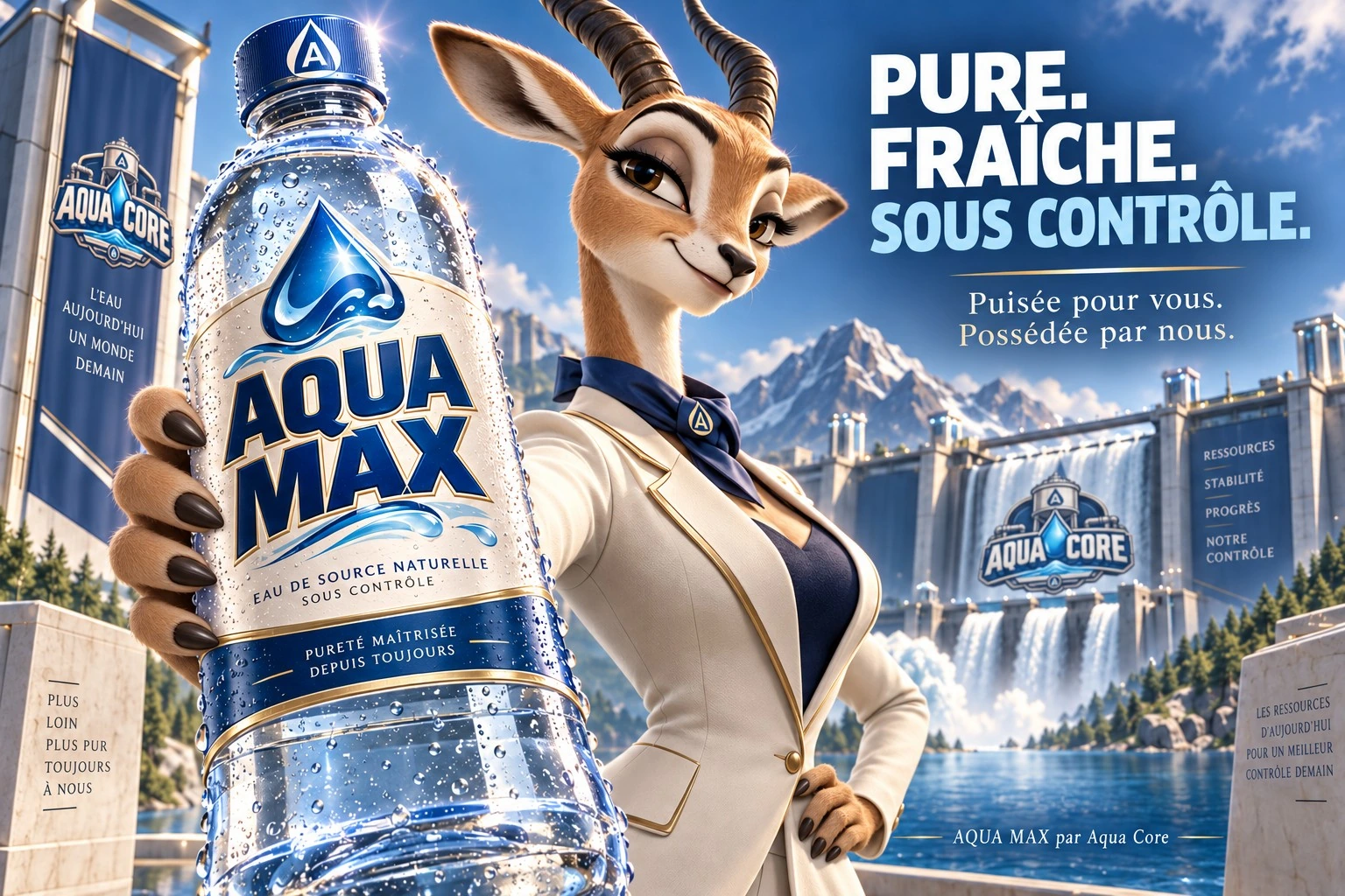 Anuncio de Aqua Core que muestra una botella de Aqua Max frente a las instalaciones de distribución de agua