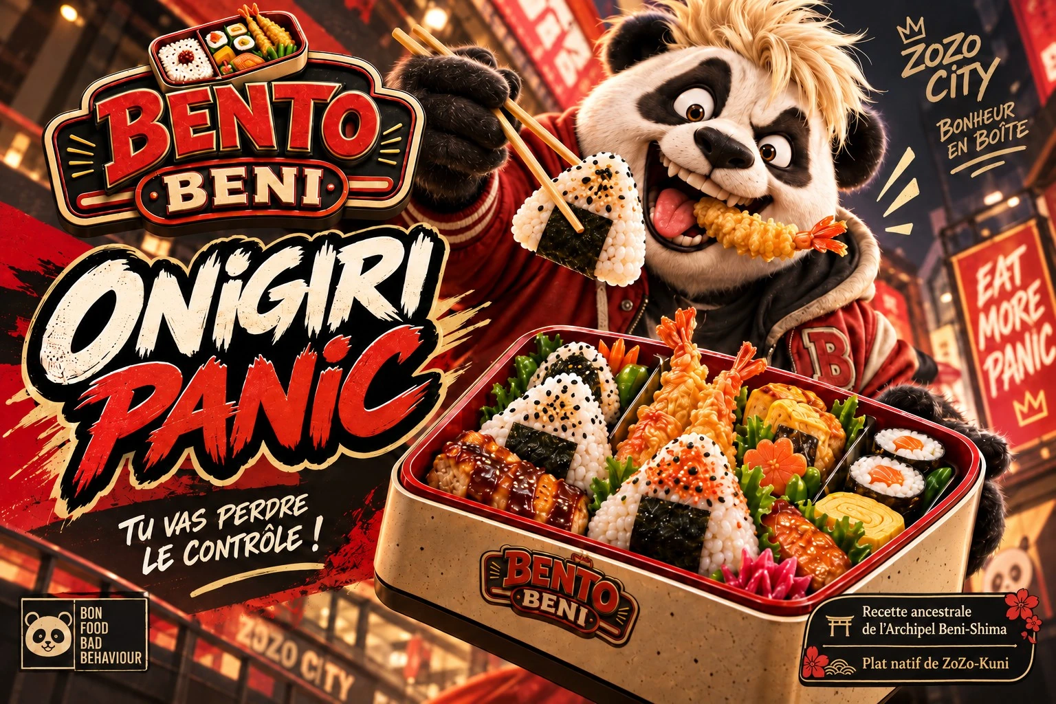 明るいZOZO CITYの通りで、おにぎりと看板料理の入った弁当箱を見せるBento Beniの広告