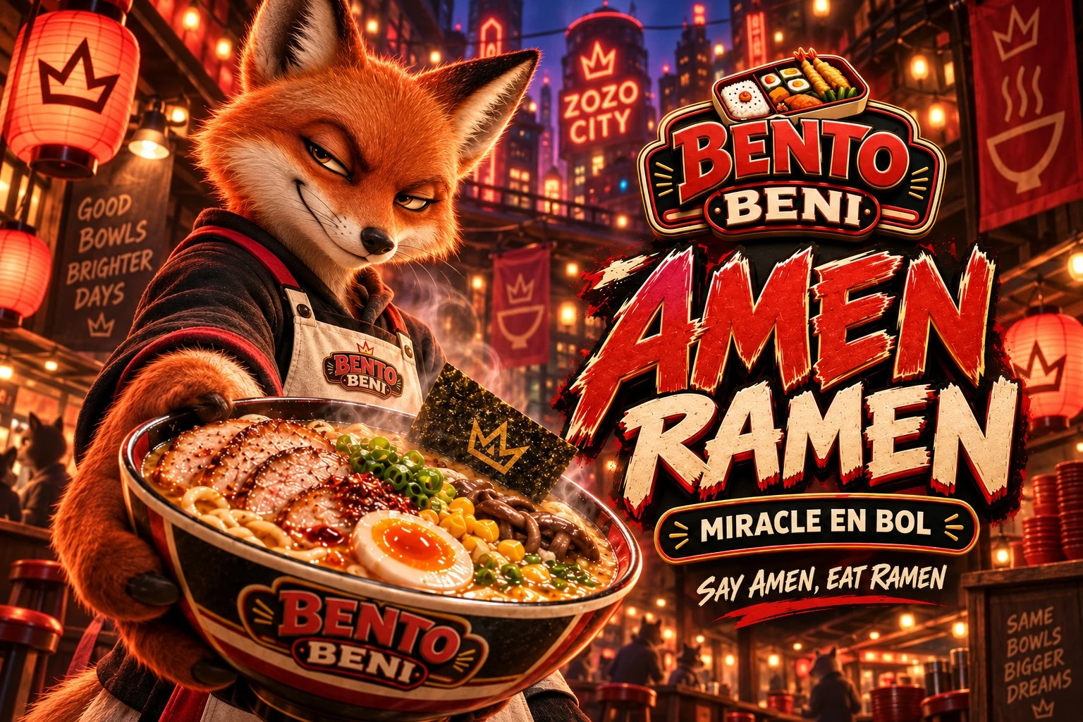 夜の街で、湯気の立つラーメンを見せるBento Beniの広告