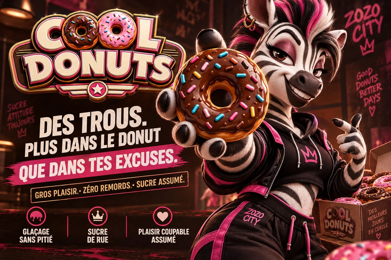 분홍빛 도시 분위기 속에서 초콜릿 도넛을 보여 주는 Cool Donuts 광고