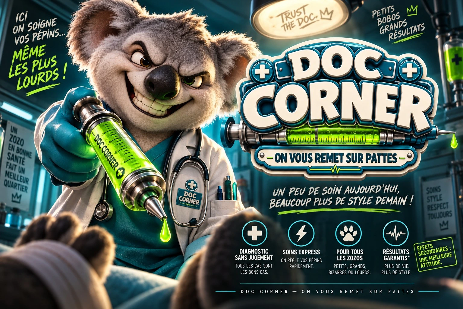의사가 녹색 즉석 치료제를 소개하는 DOC CORNER 광고
