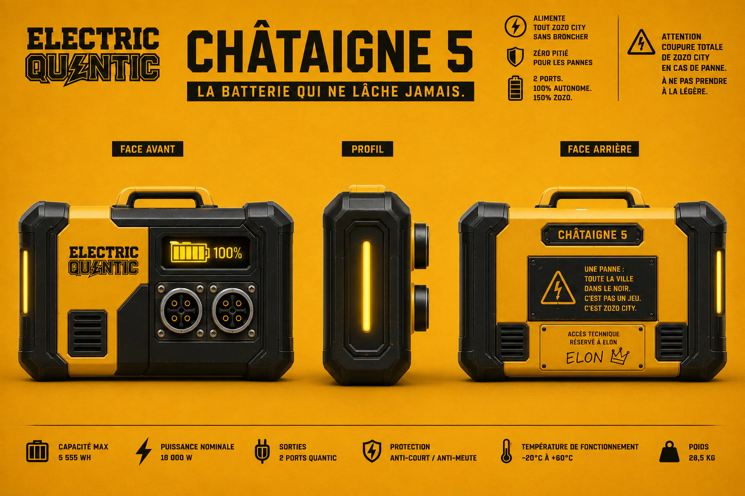 Présentation technique des faces avant, profil et arrière de la batterie Châtaigne 5 d’Electric Quantic
