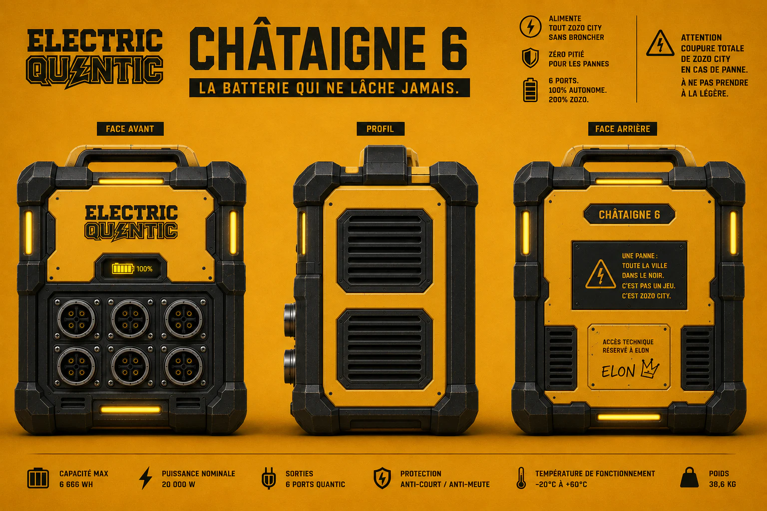 Présentation technique des faces avant, profil et arrière de la batterie Châtaigne 6 d’Electric Quantic