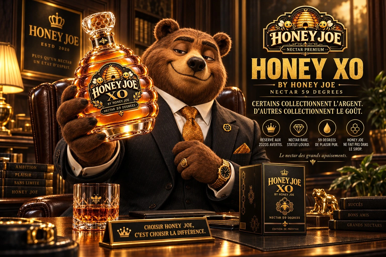 豪華なオフィスでHoney XOのボトルを見せるHoney Joeの広告