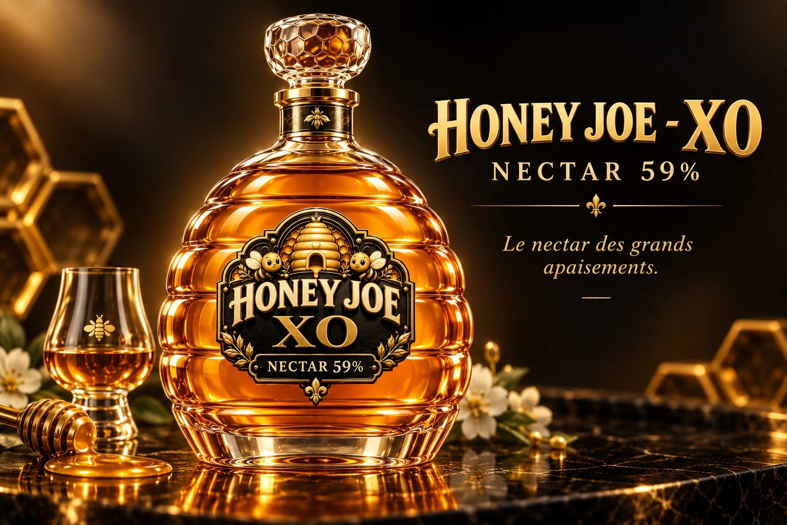金色のカウンターにHoney XOのNectarのボトルを置いたHoney Joeの広告