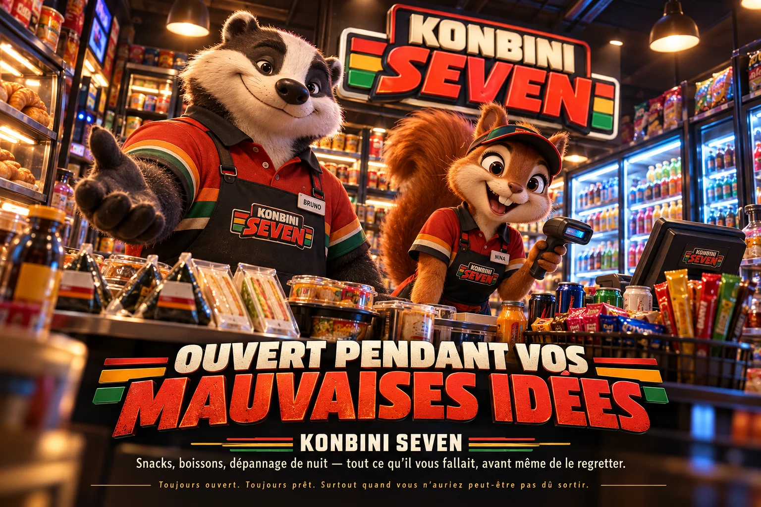 Konbini-Seven-Plakat mit zwei Angestellten an der Ladentheke