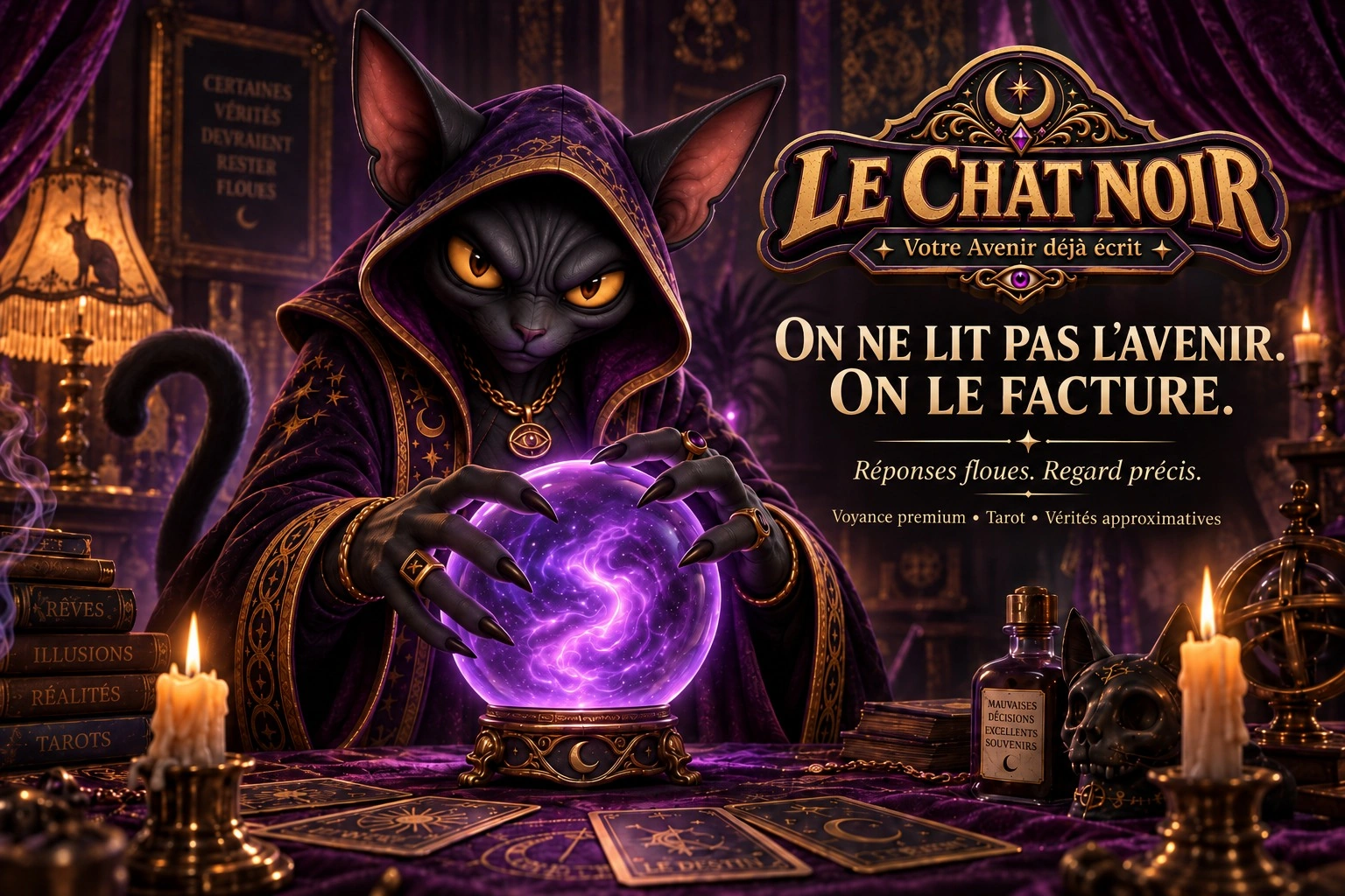 Publicidad de la adivinación premium de Le Chat Noir en su consultorio violeta