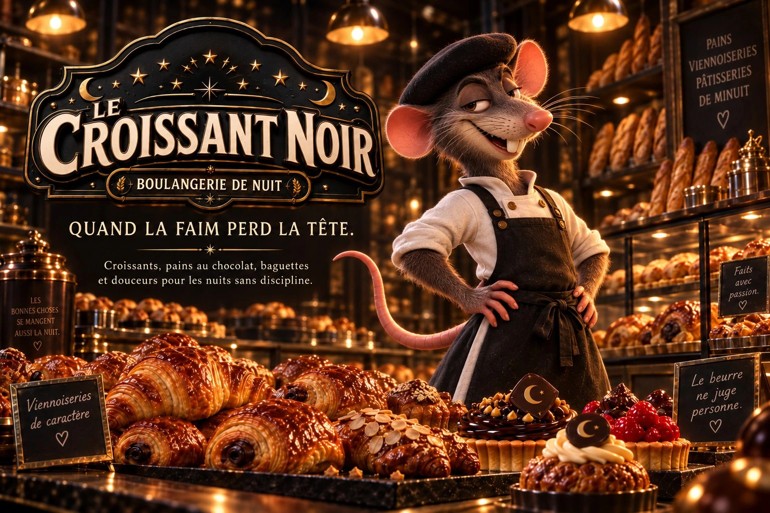 Anuncio de Le Croissant Noir que muestra un panadero frente a una vitrina llena de productos de bollería