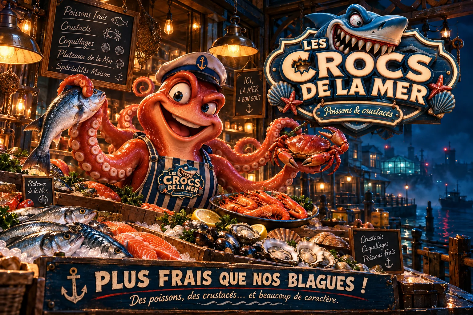 Cartel de Les Crocs de la Mer con un mostrador de pescados y crustáceos
