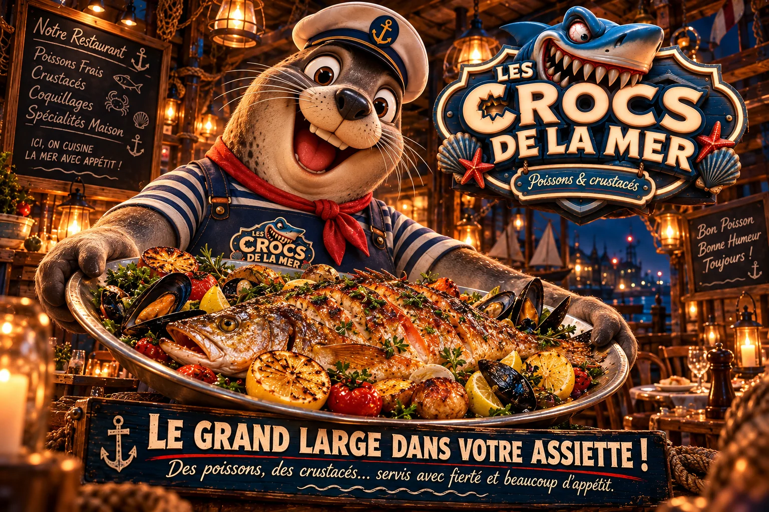 Cartel de Les Crocs de la Mer con un camarero presentando una bandeja de pescado y mariscos