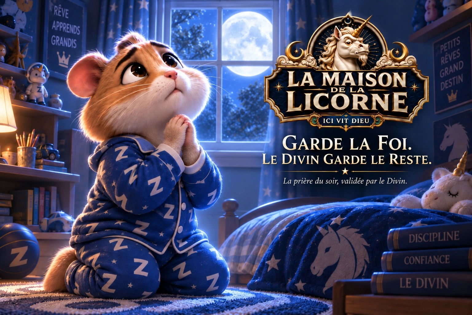 달빛 아래 기도하는 젊은 신도를 보여 주는 Maison de la Licorne 광고