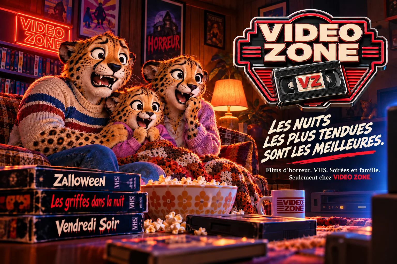 Cartel de Video Zone con una familia viendo una película de terror