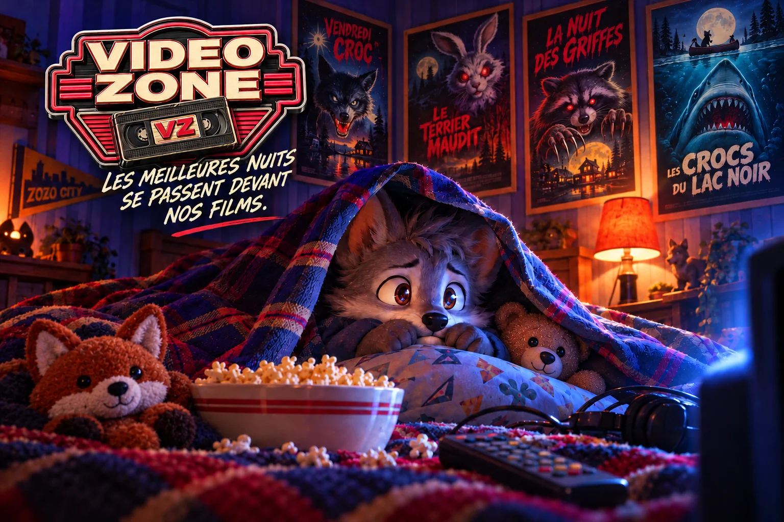Cartel de Video Zone con un joven Zozo viendo una película bajo una manta