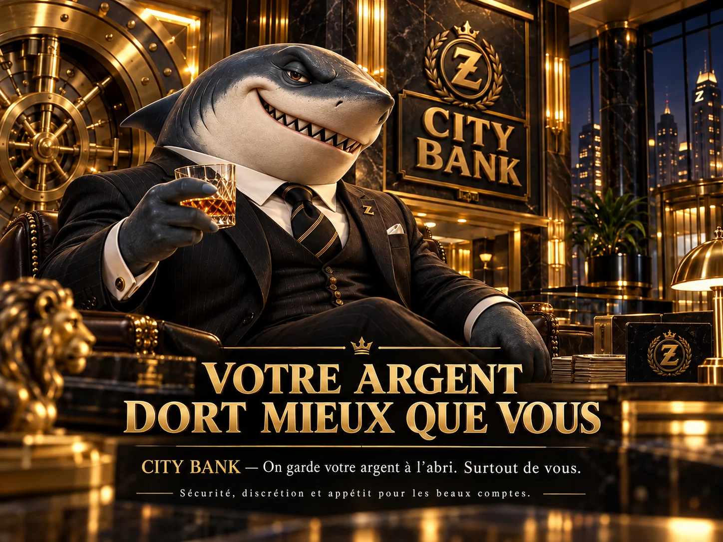 金色のラウンジで金庫の前に座るスーツ姿のZozoを描いたZ CITY BANKの広告