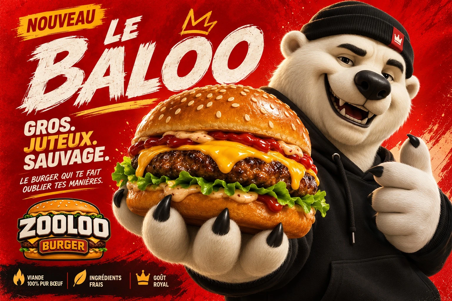 Anuncio de Zooloo Burger que muestra Le Baloo, una hamburguesa abundante sostenida frente a un fondo rojo