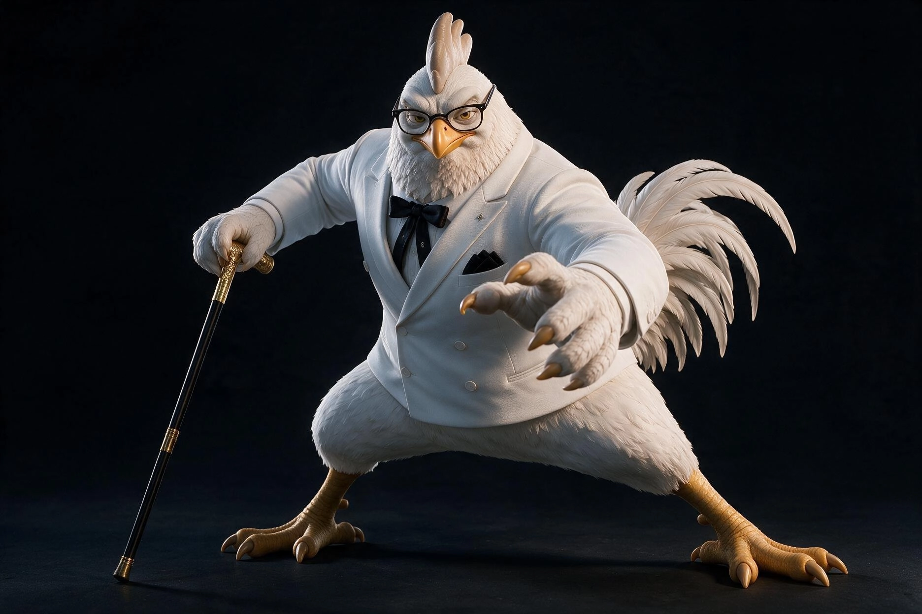 지팡이를 들고 액션 포즈를 취한 COLONEL FRIED SHIKEN