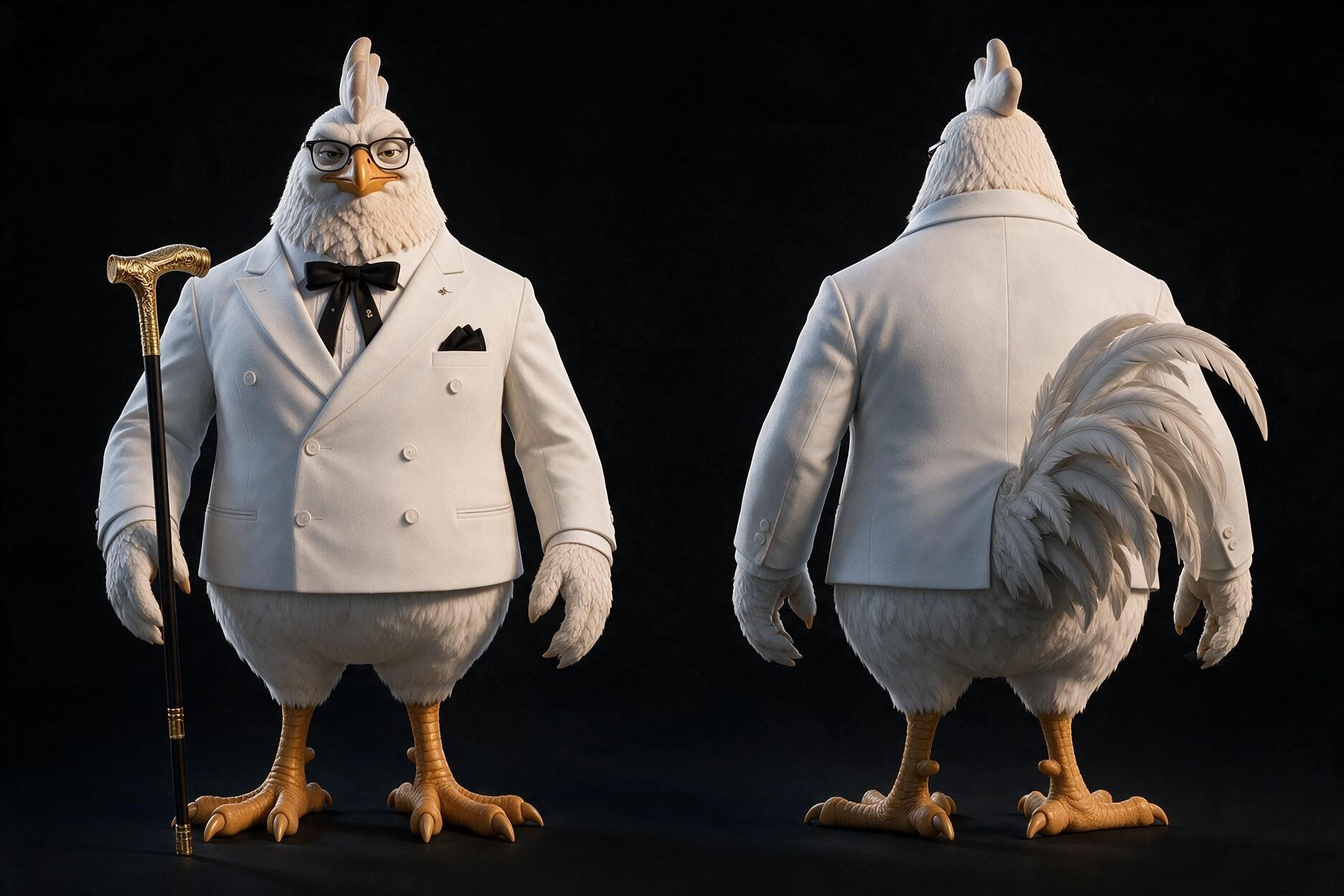 흰 정장을 입은 COLONEL FRIED SHIKEN의 앞모습과 뒷모습