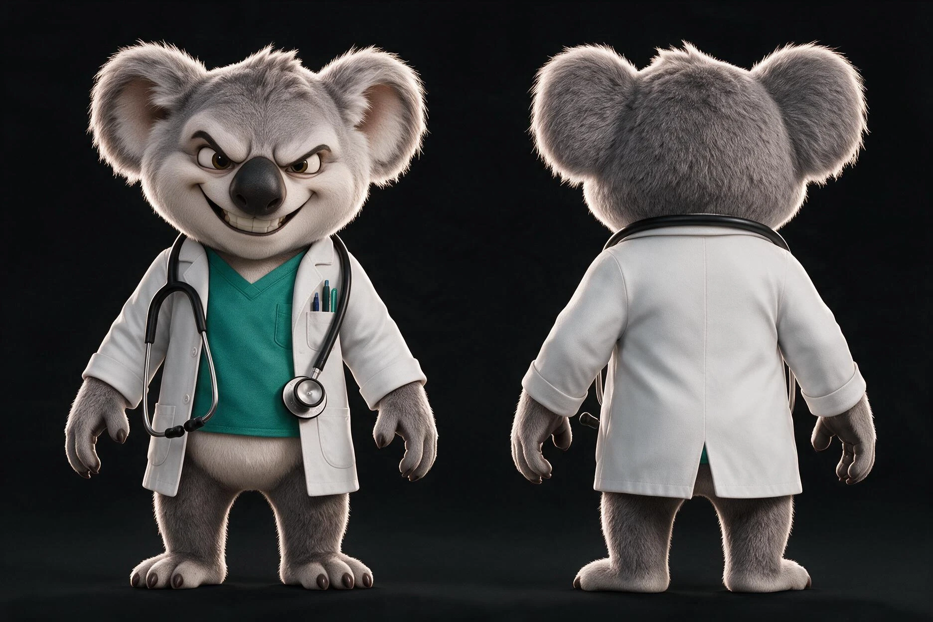 DOCTEUR SMILEY von vorne und hinten, in weißem Kittel und grüner Kleidung