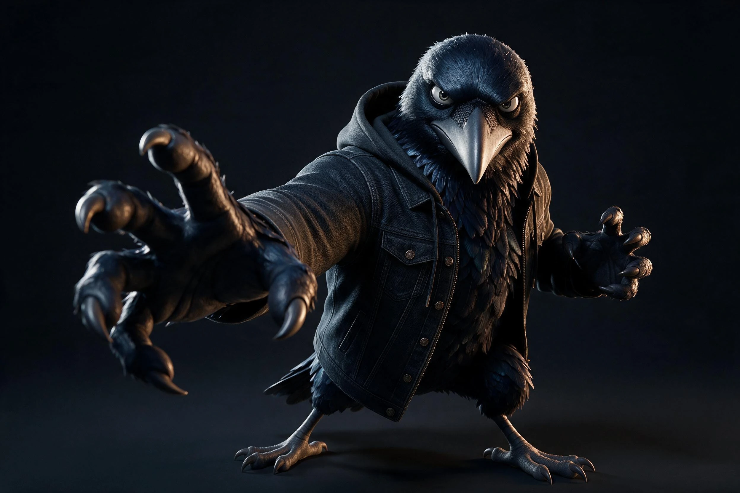 CROW in Aktionspose mit seiner schwarzen Kapuzenjacke