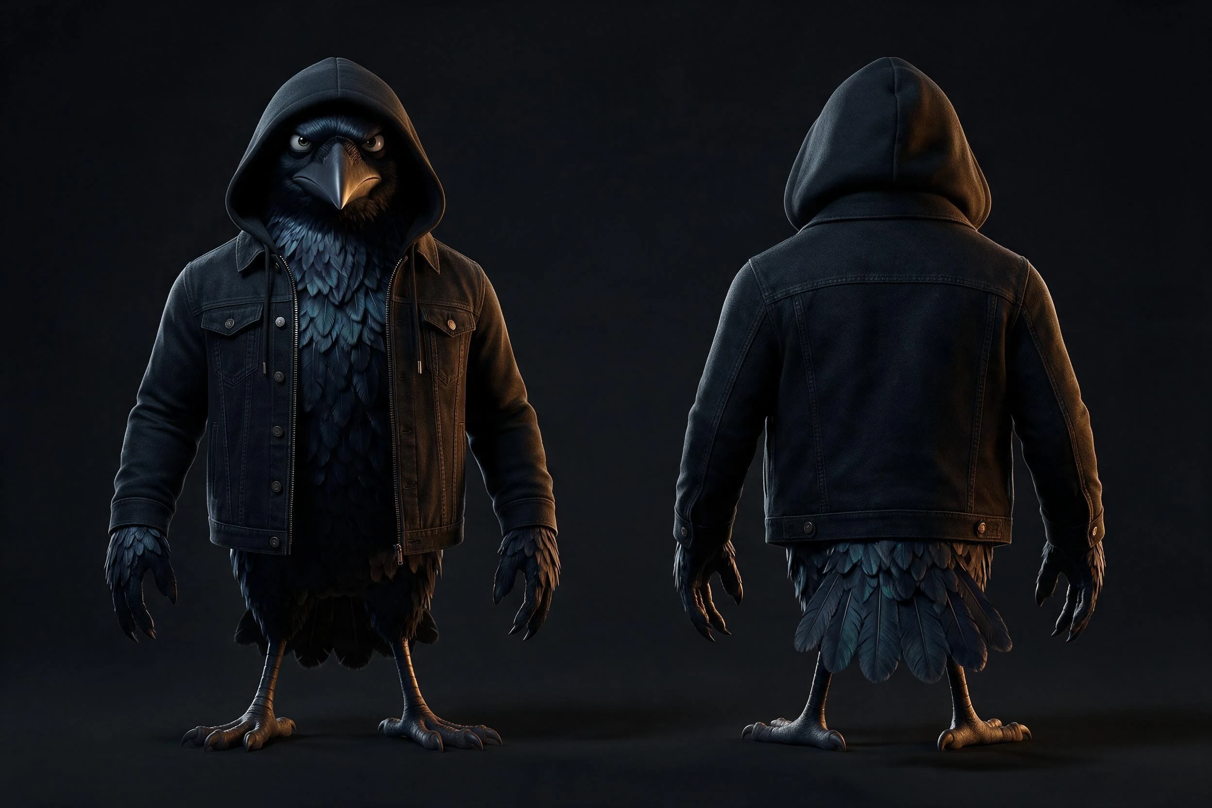 Referenzblatt von CROW mit Vorder- und Rückansicht in seiner schwarzen Kapuzenjacke
