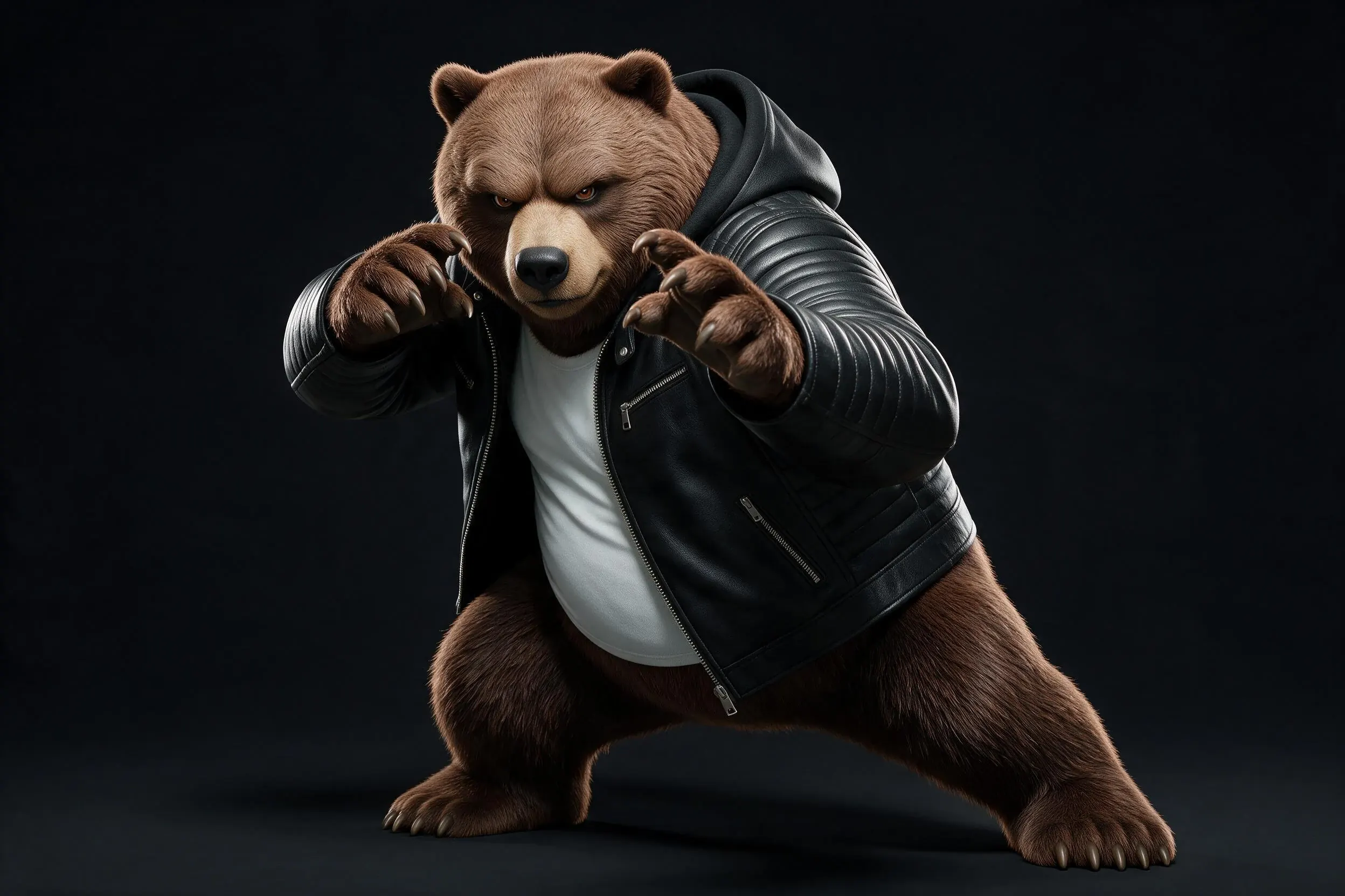 GRIZZ LEE en posture de combat dans sa veste en cuir noire