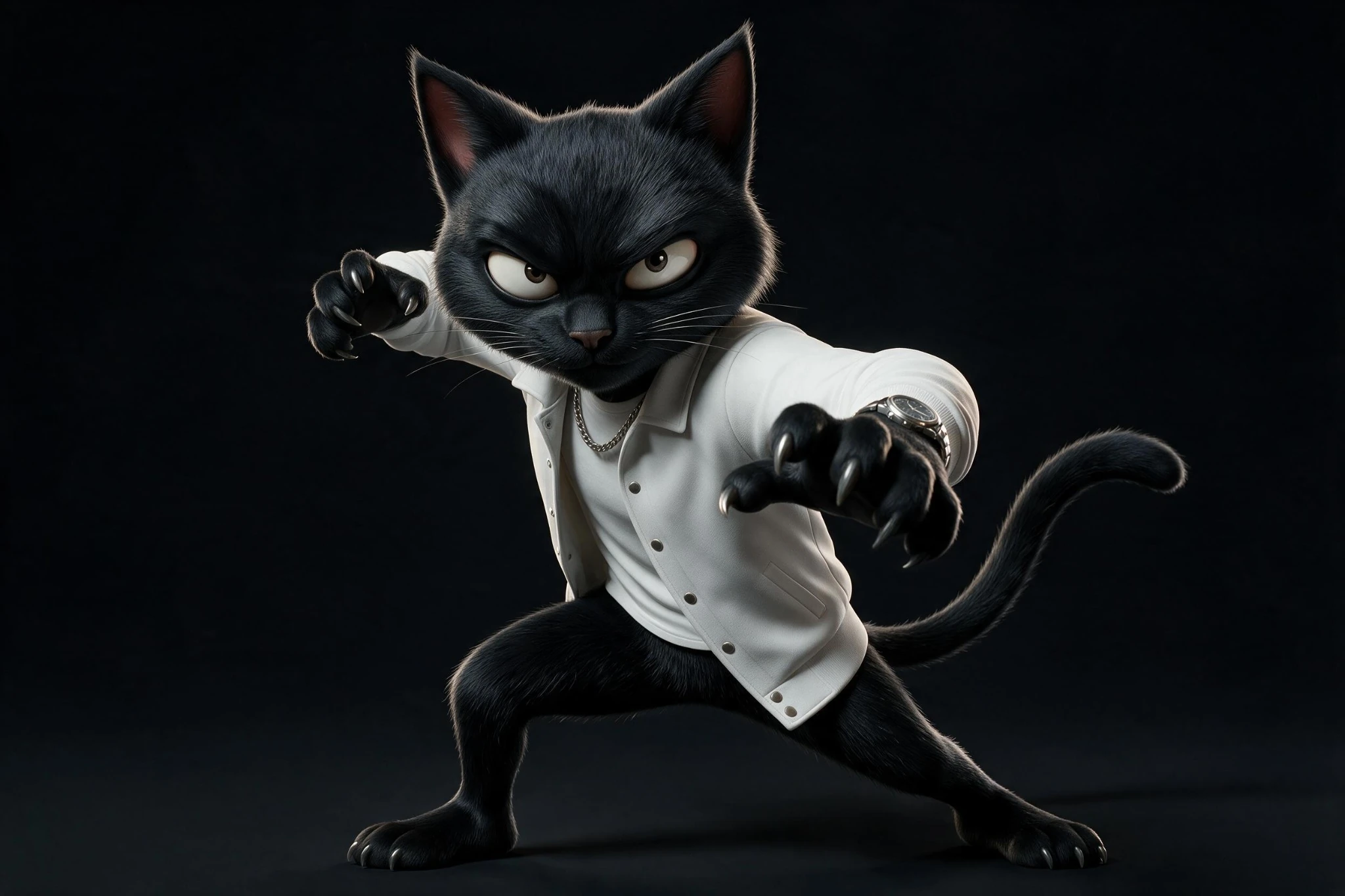 SPYKAT en posture d’action dans sa tenue blanche