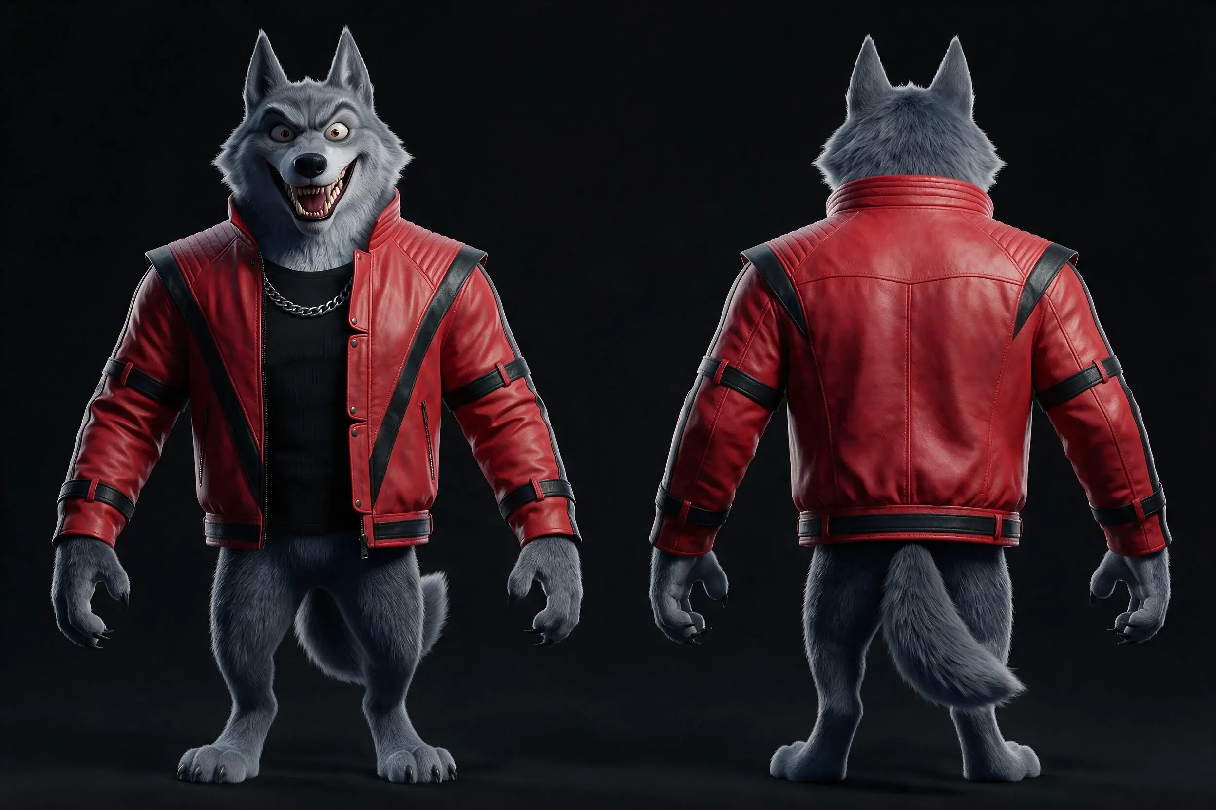 Referenzblatt von THRILL von vorn und hinten in seiner roten Jacke