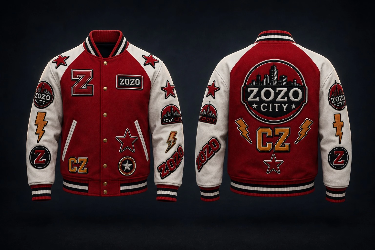 Die rote Jacke von X-WING von vorn und hinten mit ihren ZOZO CITY-Abzeichen