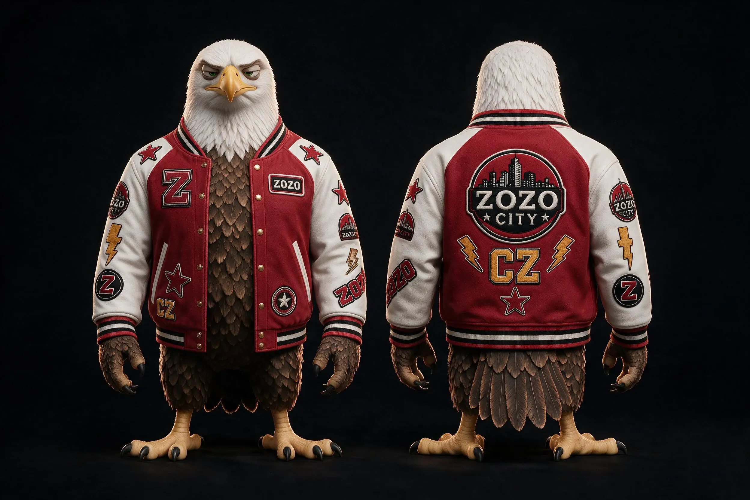 X-WING von vorn und hinten in seiner roten ZOZO CITY-Jacke