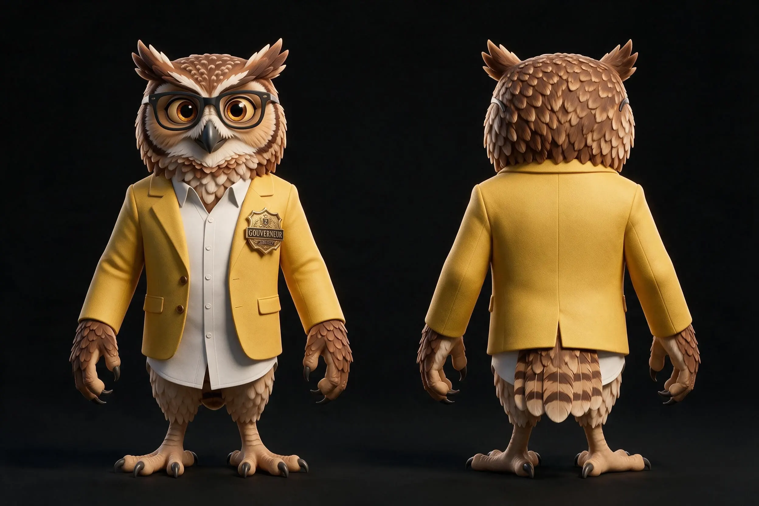 NITE HOOTER de frente y de espaldas con su chaqueta amarilla