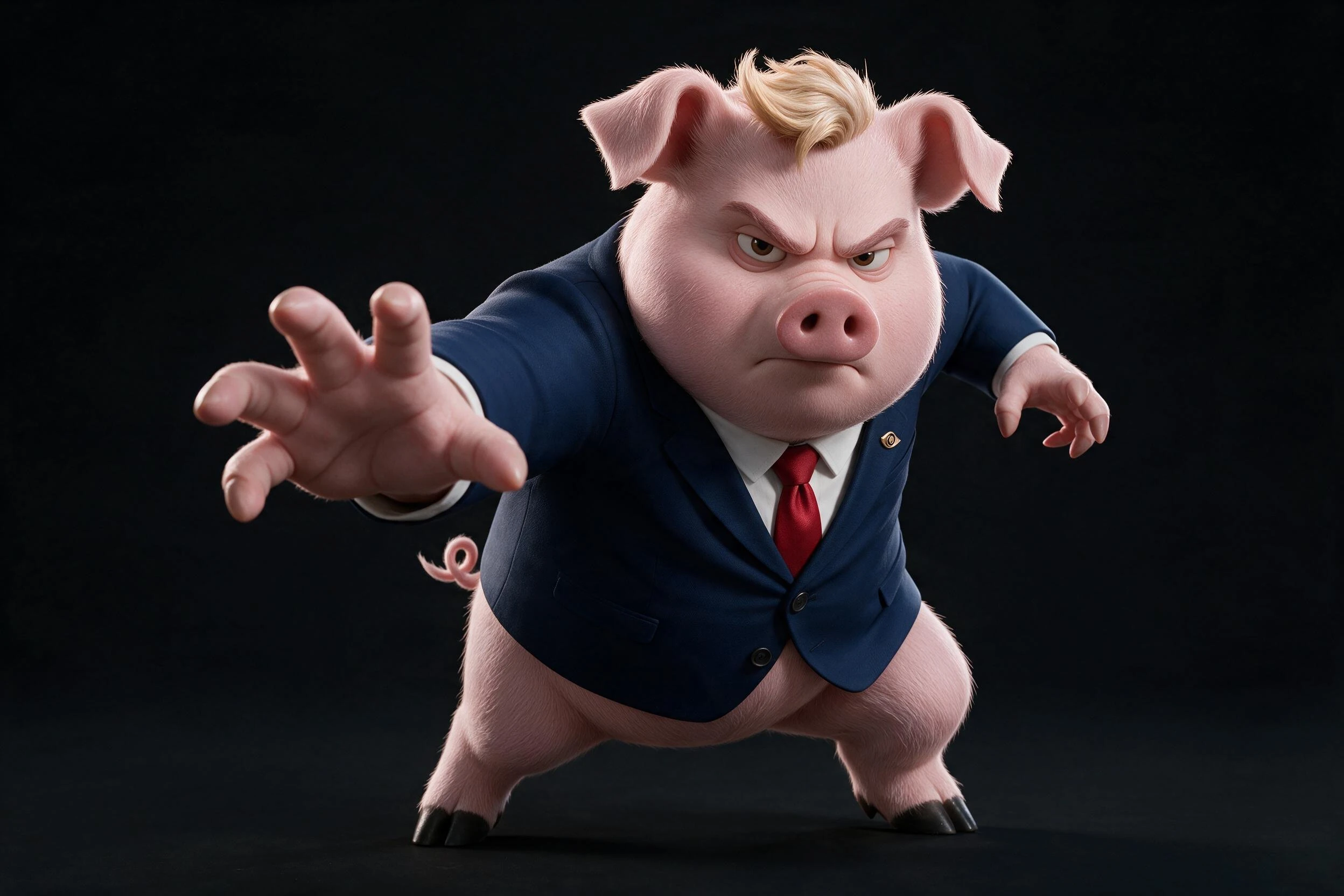 STRUMP JUNIOR extiende la mano hacia la cámara en una pose de acción
