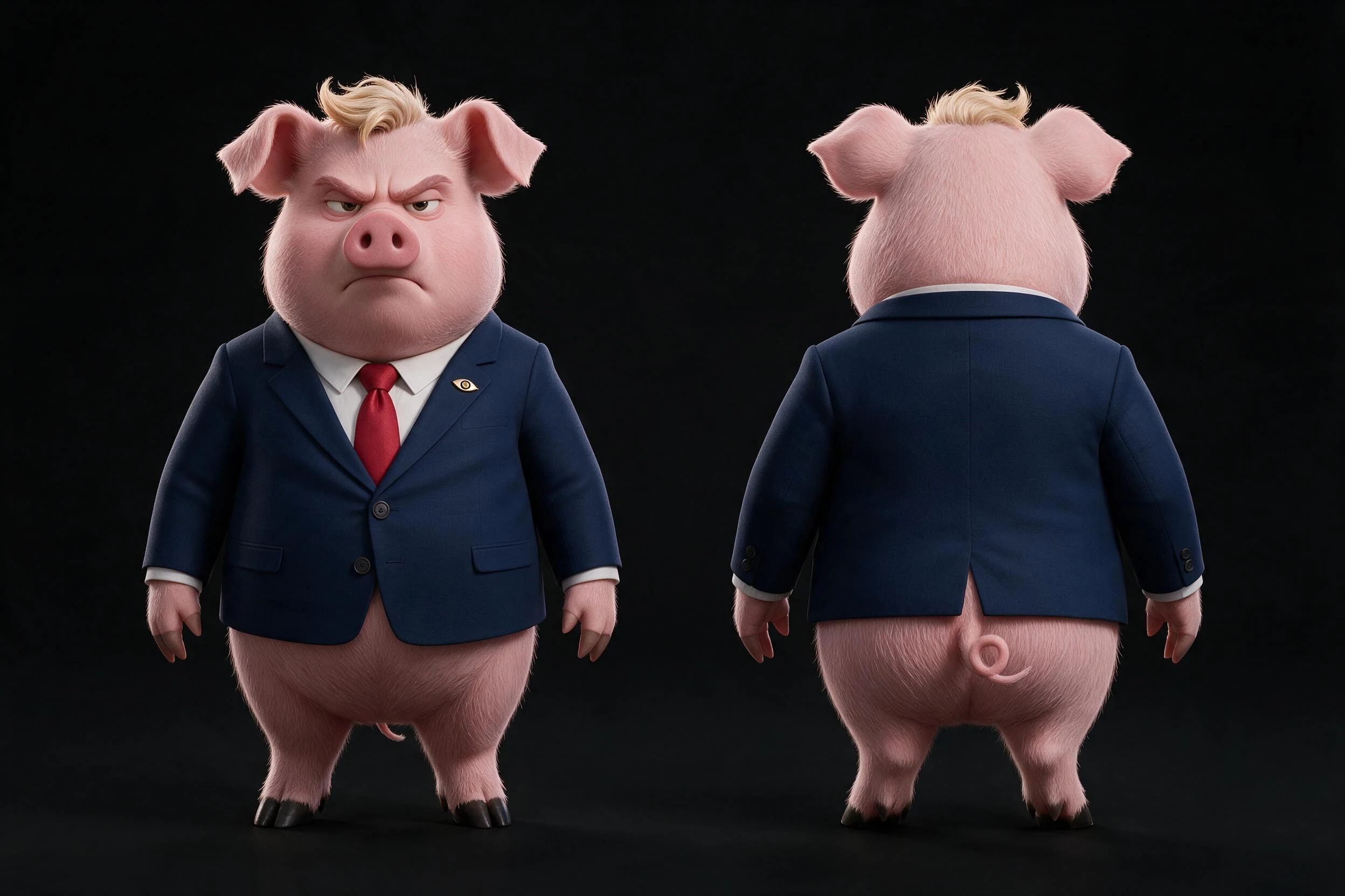 STRUMP JUNIOR de frente y de espaldas con su traje azul