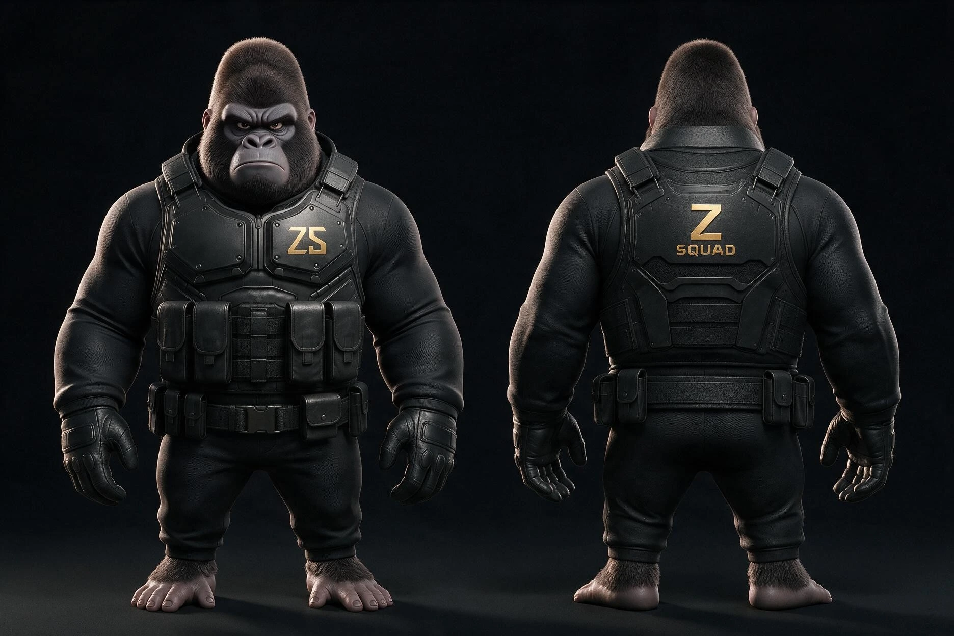 DJUMANJI de frente y de espaldas con su uniforme de la Z SQUAD