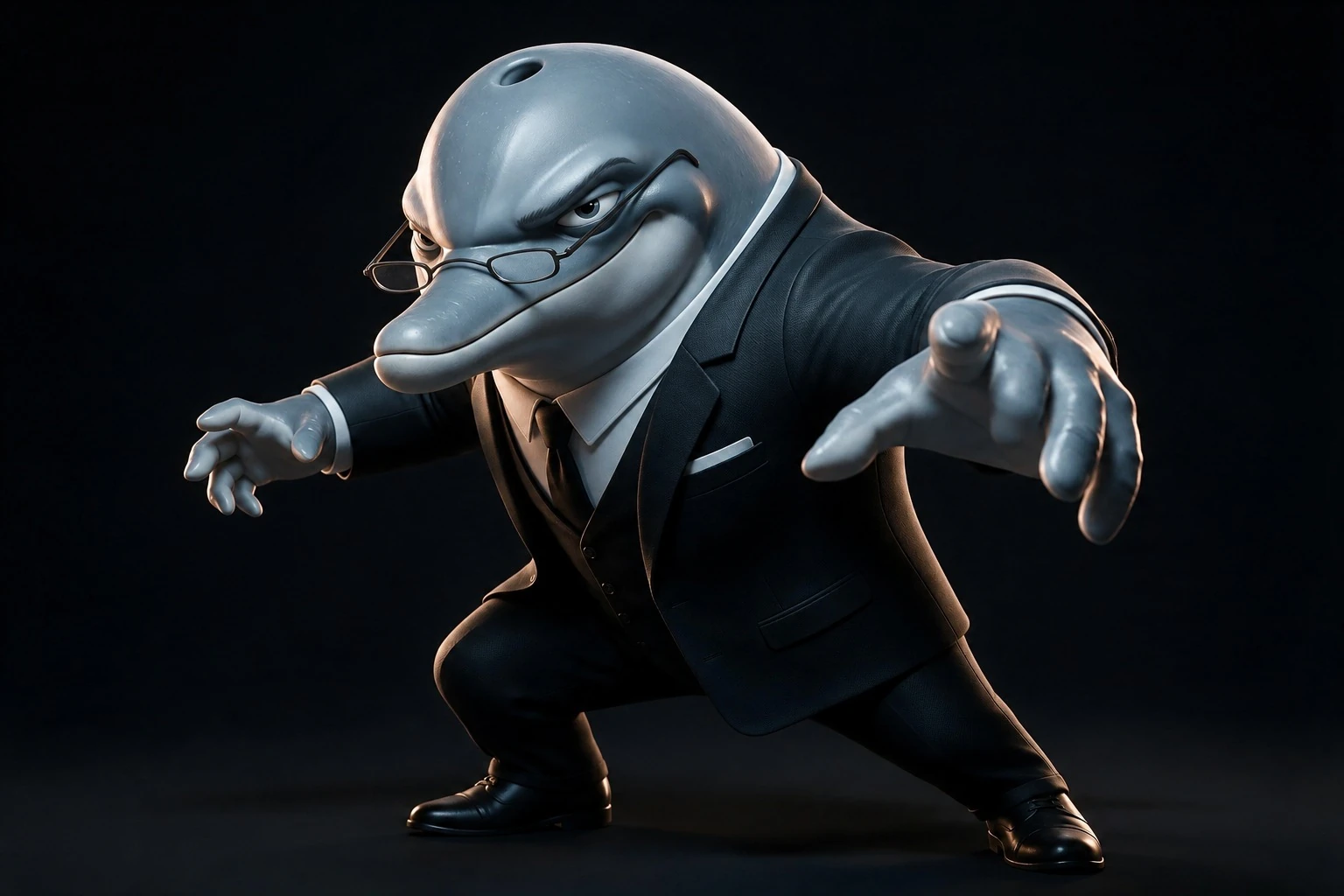 FLIPPER in Actionpose in seinem schwarzen Anzug