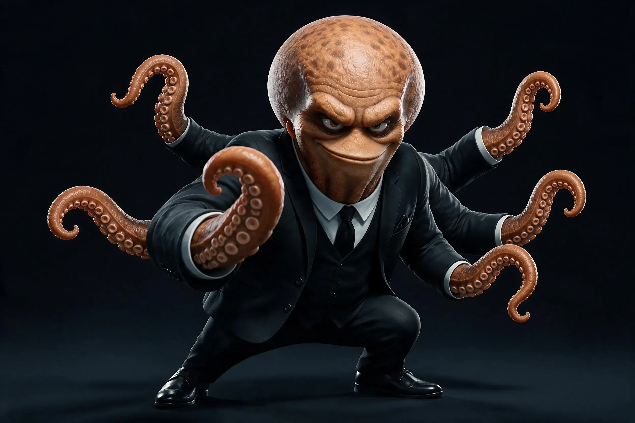 OCTO in Actionpose mit ausgestreckten Tentakeln in seinem schwarzen Anzug