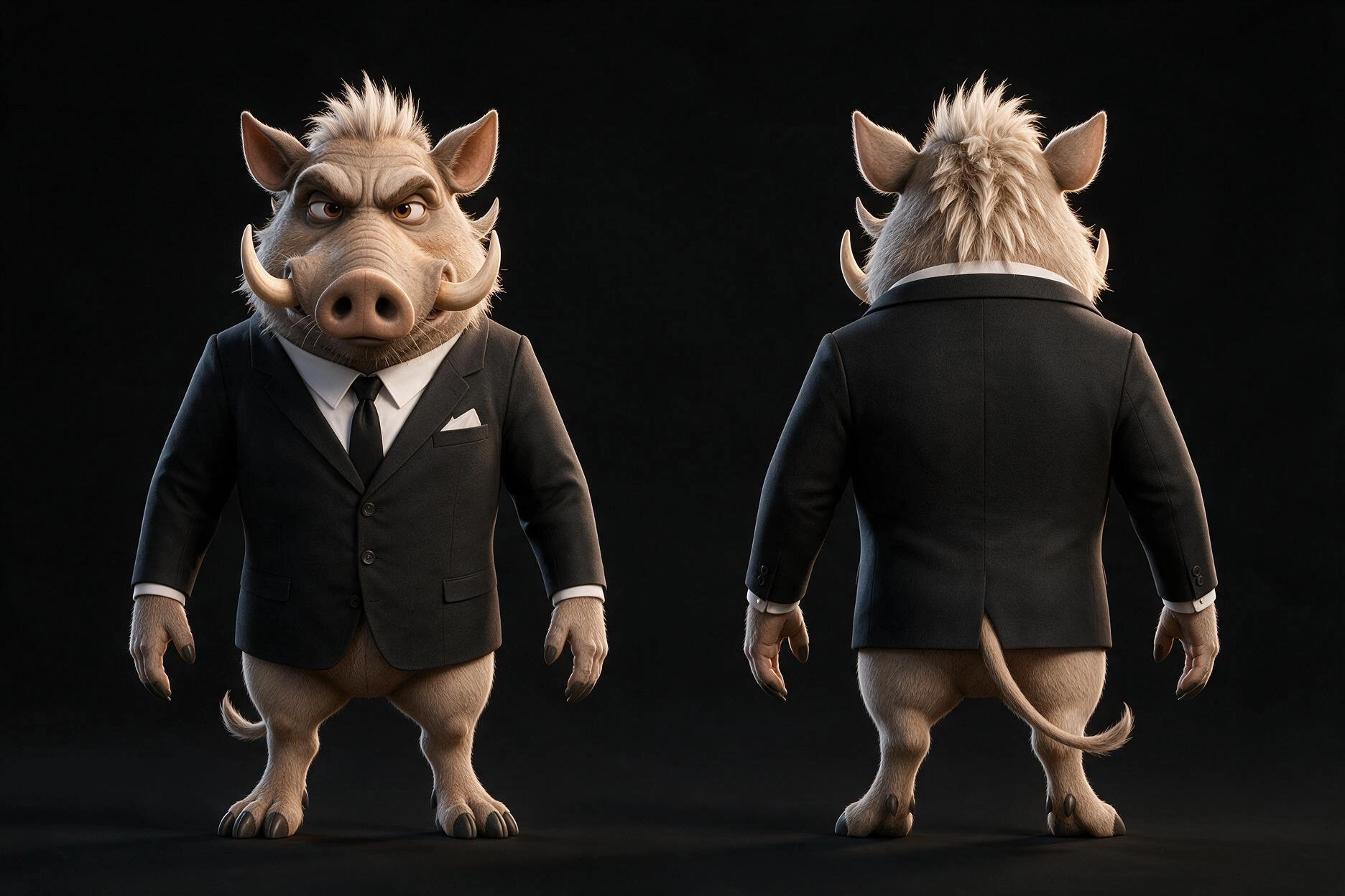 Front and back views of MAÎTRE ZUMBA in his black suit