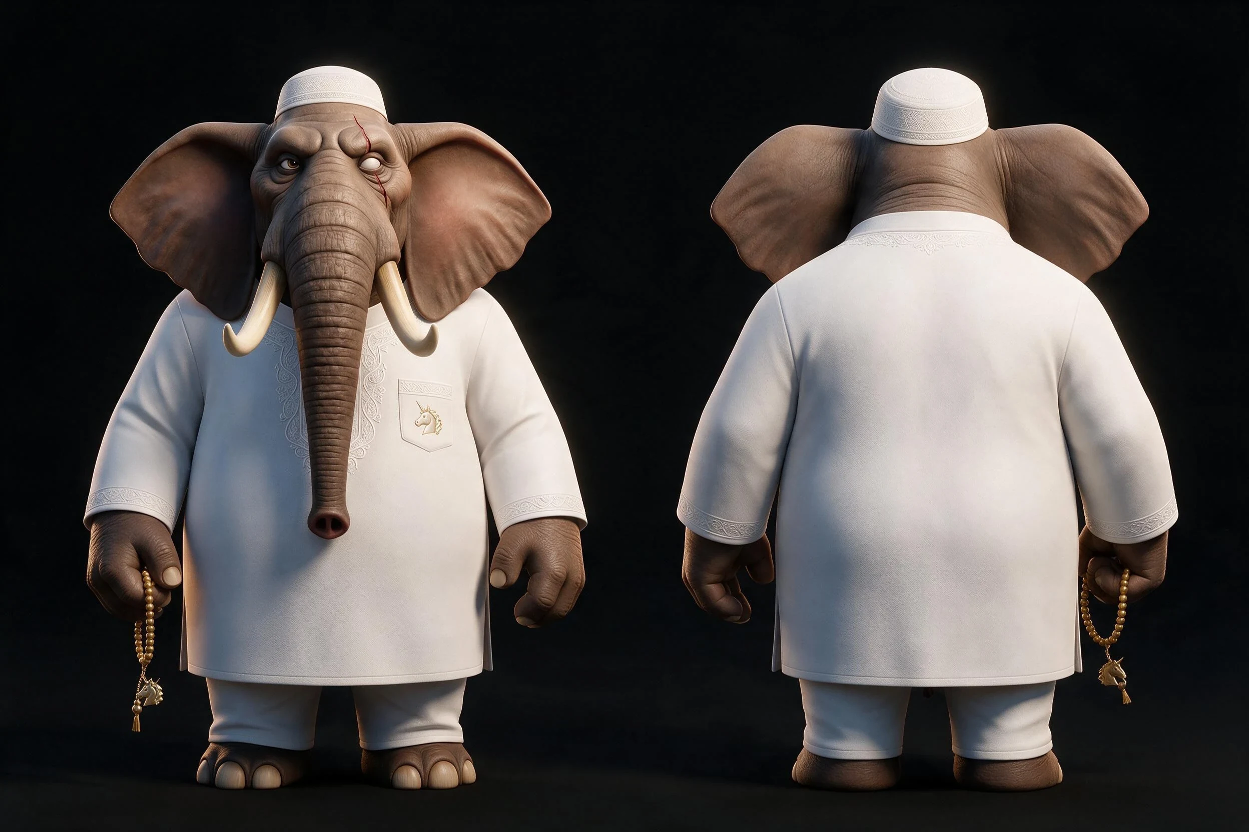 Referenzbogen von BABA L’ANCIEN von vorn und hinten in seinem weißen Outfit