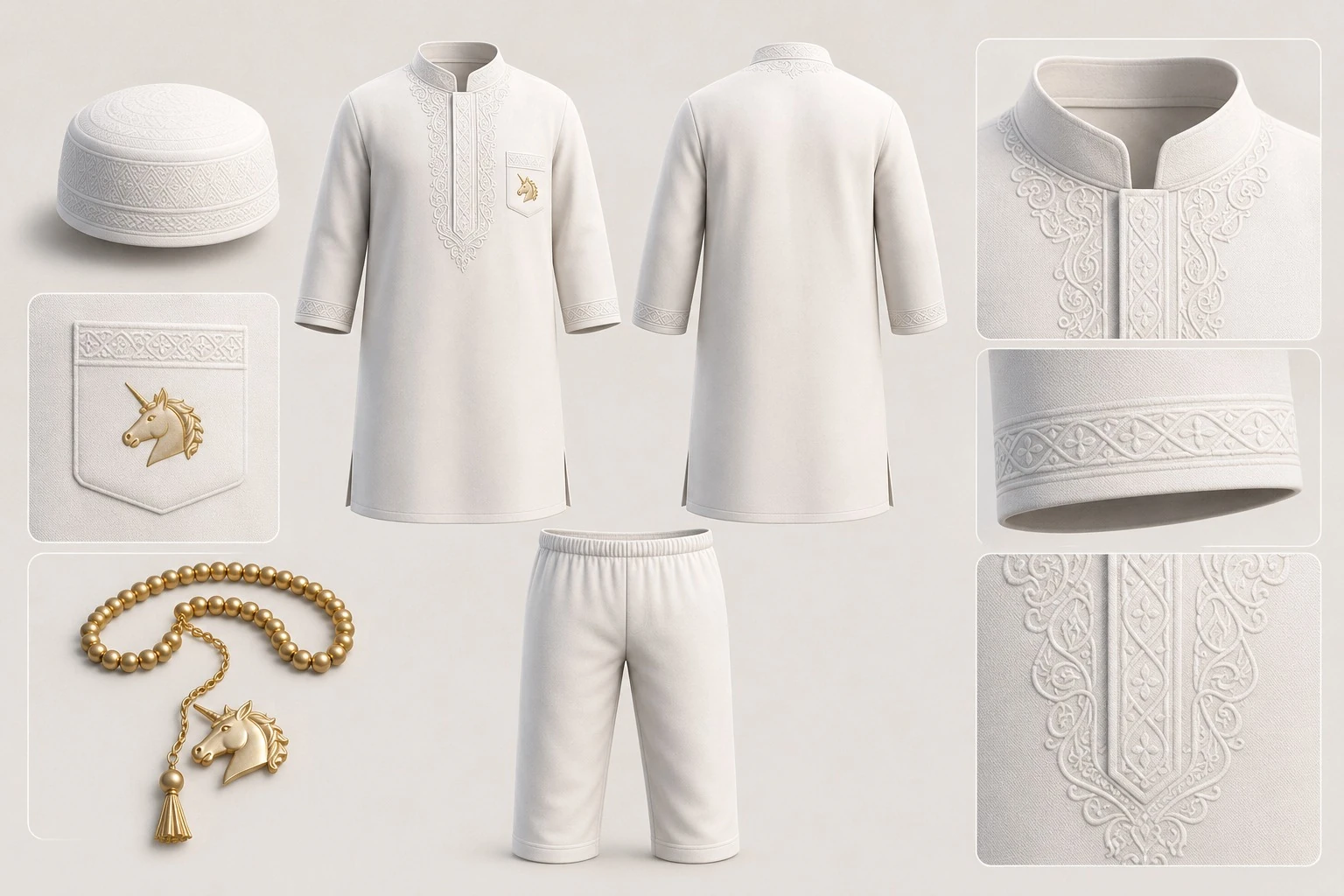 Detailbogen des weißen Outfits, der Kopfbedeckung und der Gebetskette von BABA L’ANCIEN