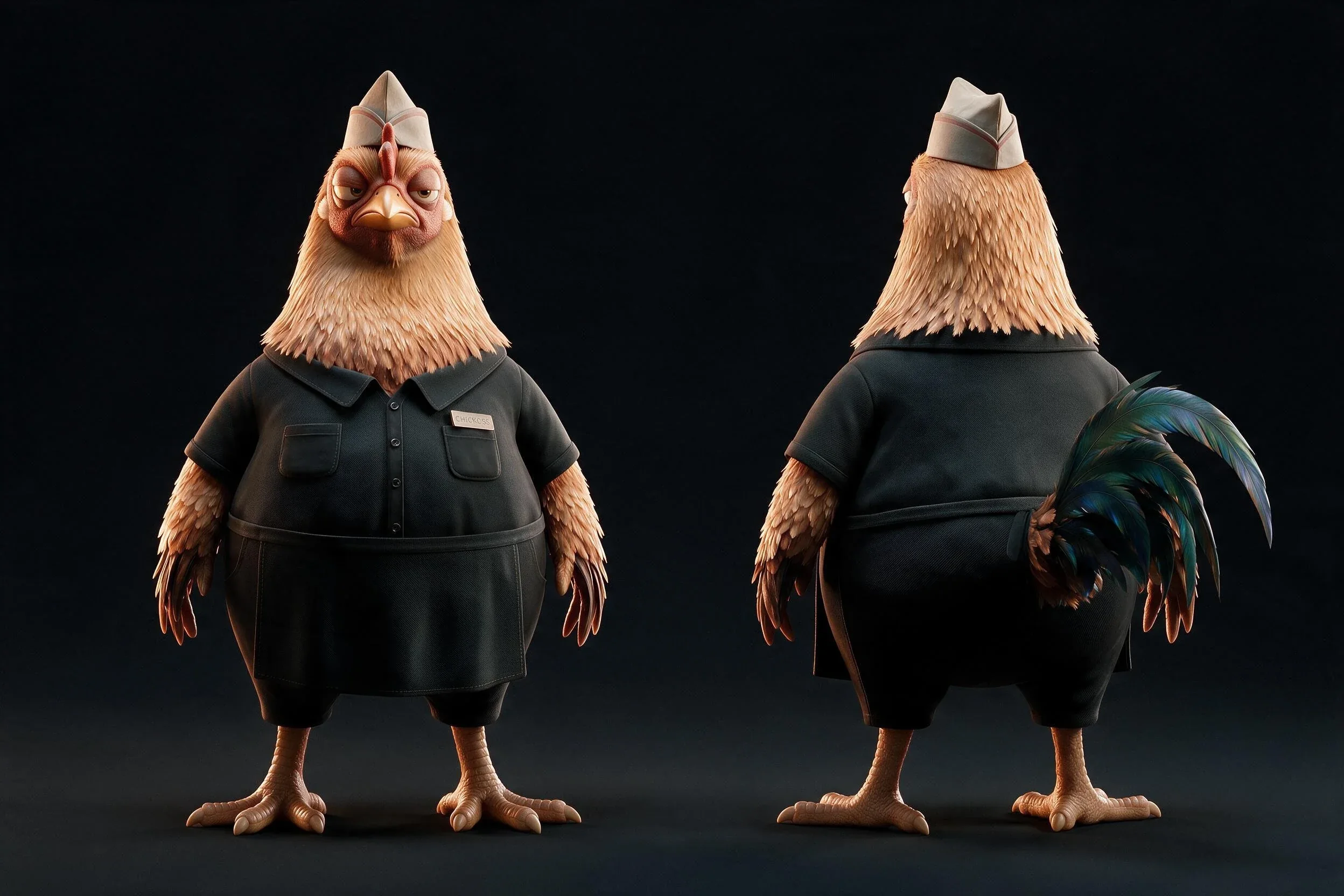 Referenzbogen von CHICKOSS von vorn und hinten in seinem schwarzen Arbeitsoutfit