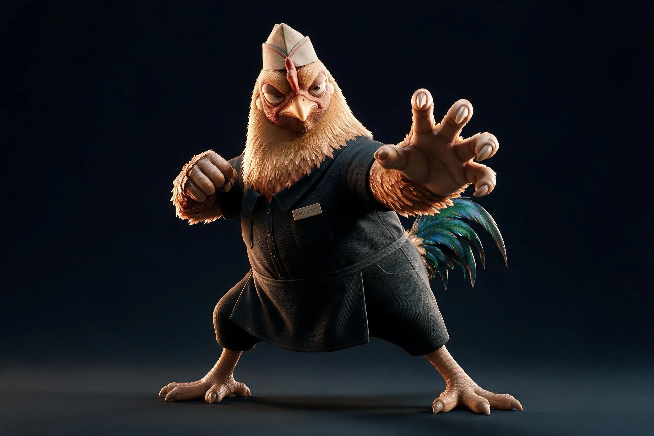 CHICKOSS in Actionpose in seinem schwarzen Arbeitsoutfit