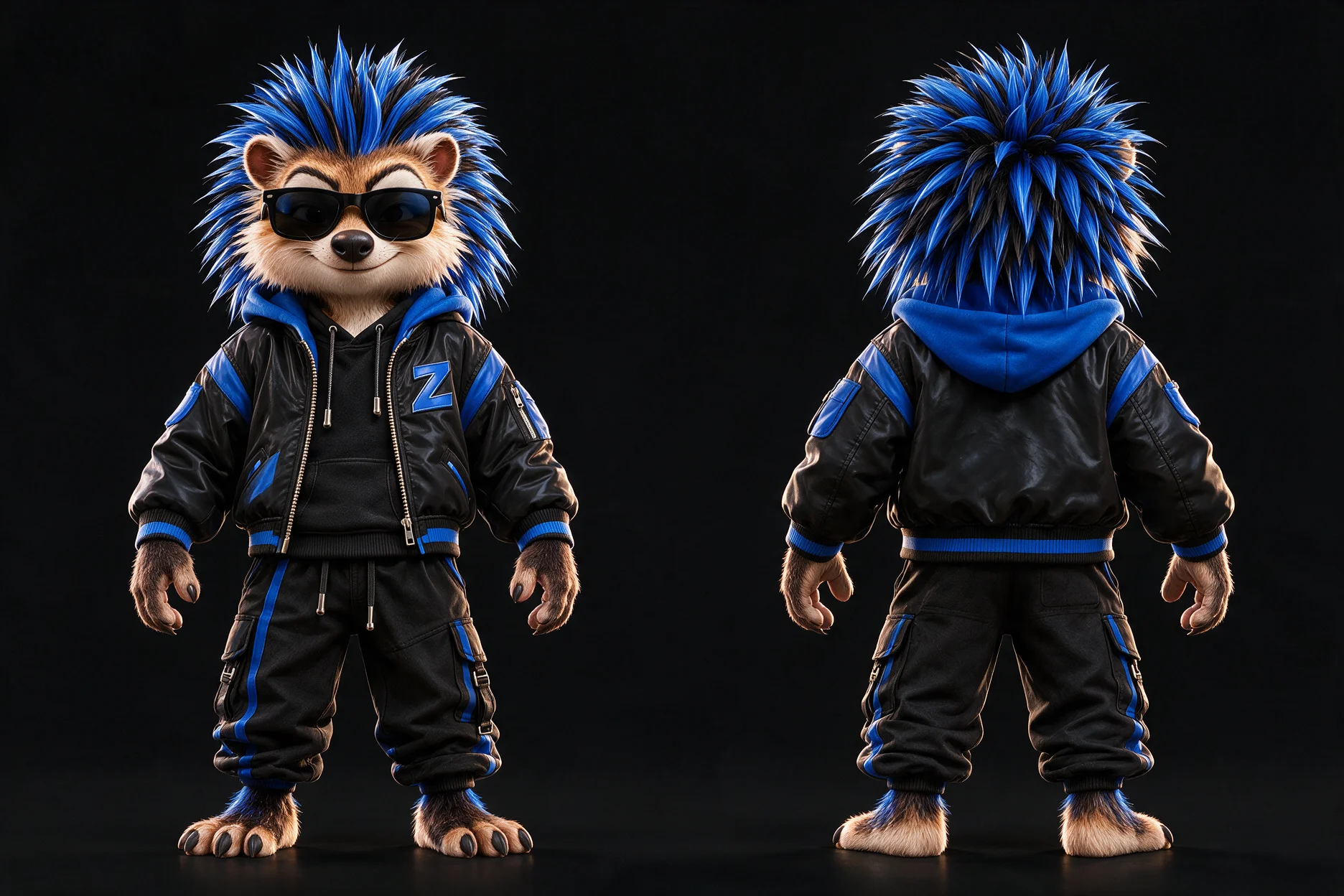 SPUTNIK von vorne und hinten, im schwarz-blauen Outfit mit Sonnenbrille