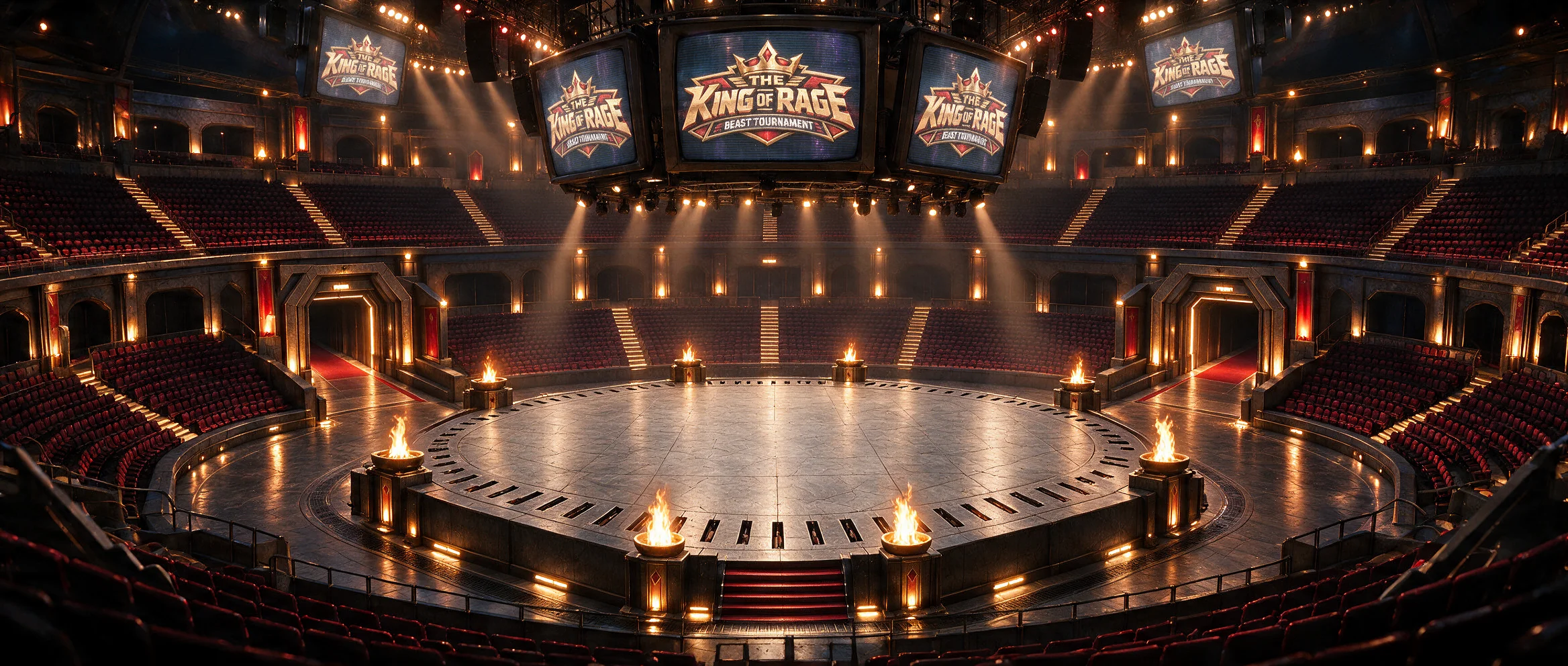 The KING OF RAGE arena, with its stands and screens above the fighting floor