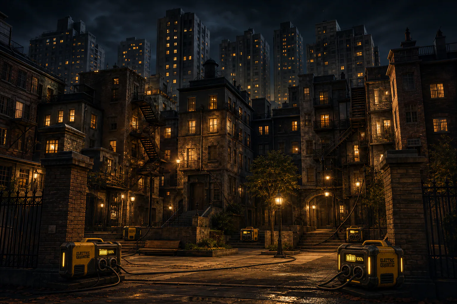 불 켜진 건물과 Electric Quantic 배터리 사이로 보이는 La Grande Faille의 야경