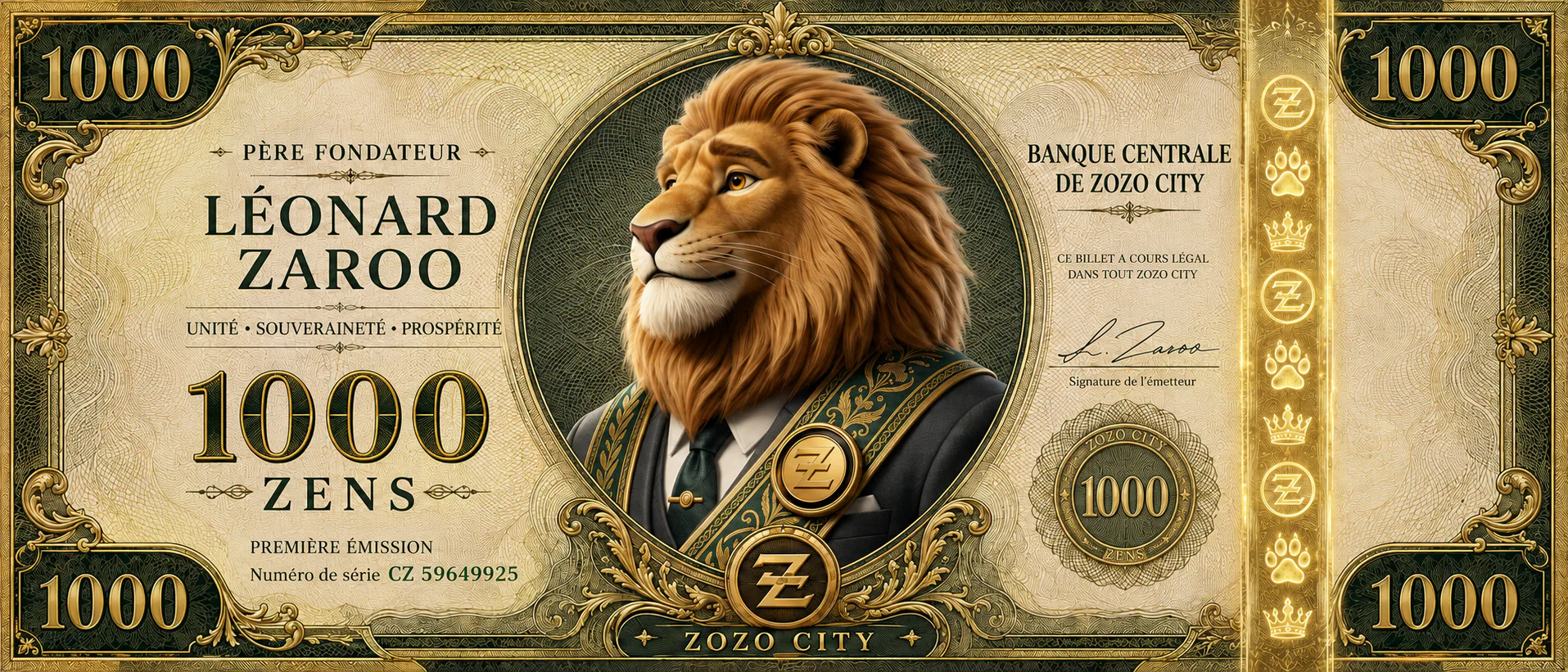 Official 1 000 ZENS banknote featuring Léonard Zaroo, Founding Father