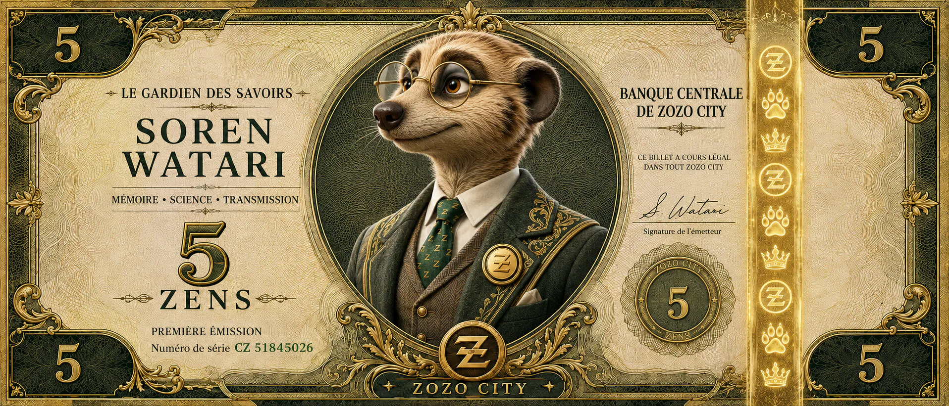 Official 5 ZENS banknote featuring Soren Watari, The Keeper of Knowledge
