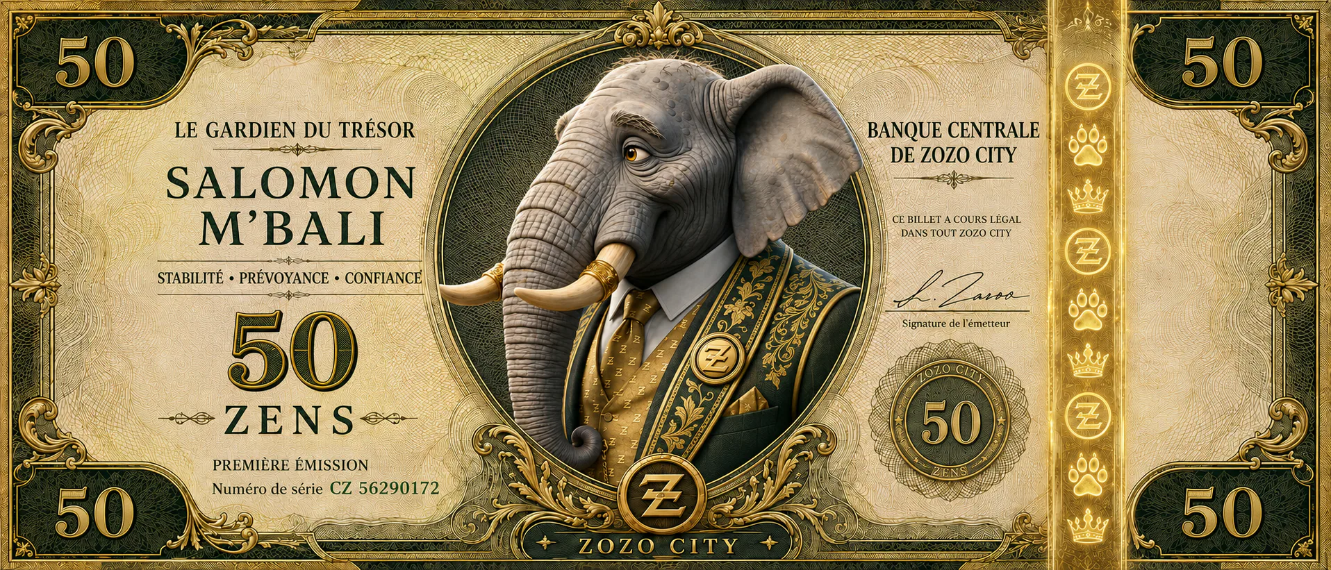Official 50 ZENS banknote featuring Salomon M’Bali, The Keeper of the Treasury