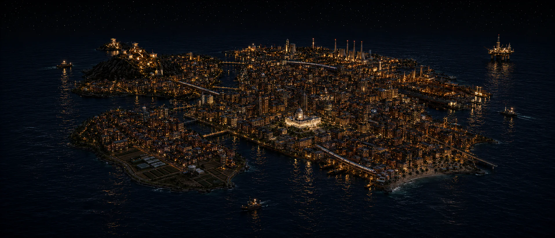 海に囲まれた夜のZOZO CITYの空撮