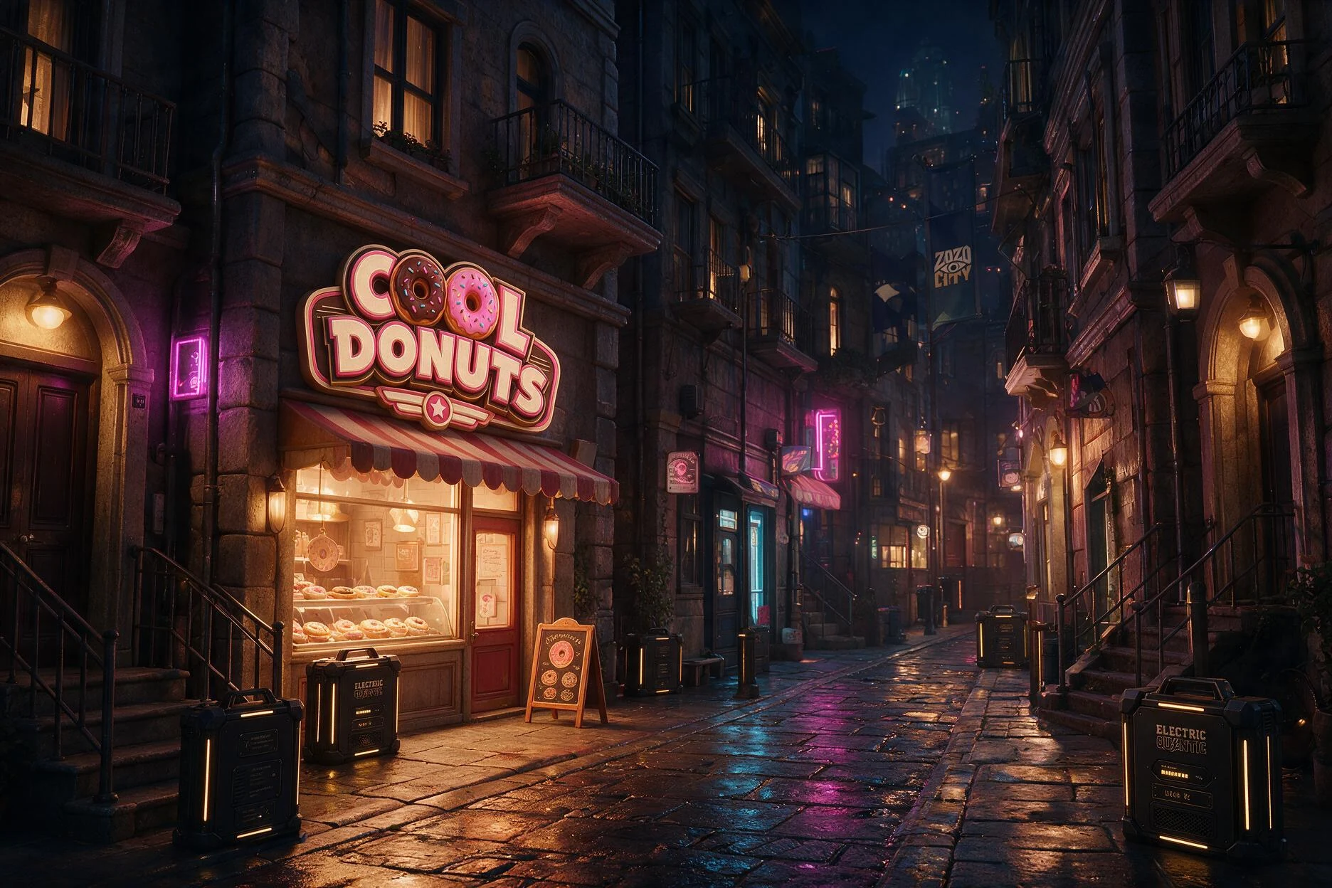 Der Cool Donuts-Laden in einer nächtlichen Straße von La Couronne mit Retro-Flair