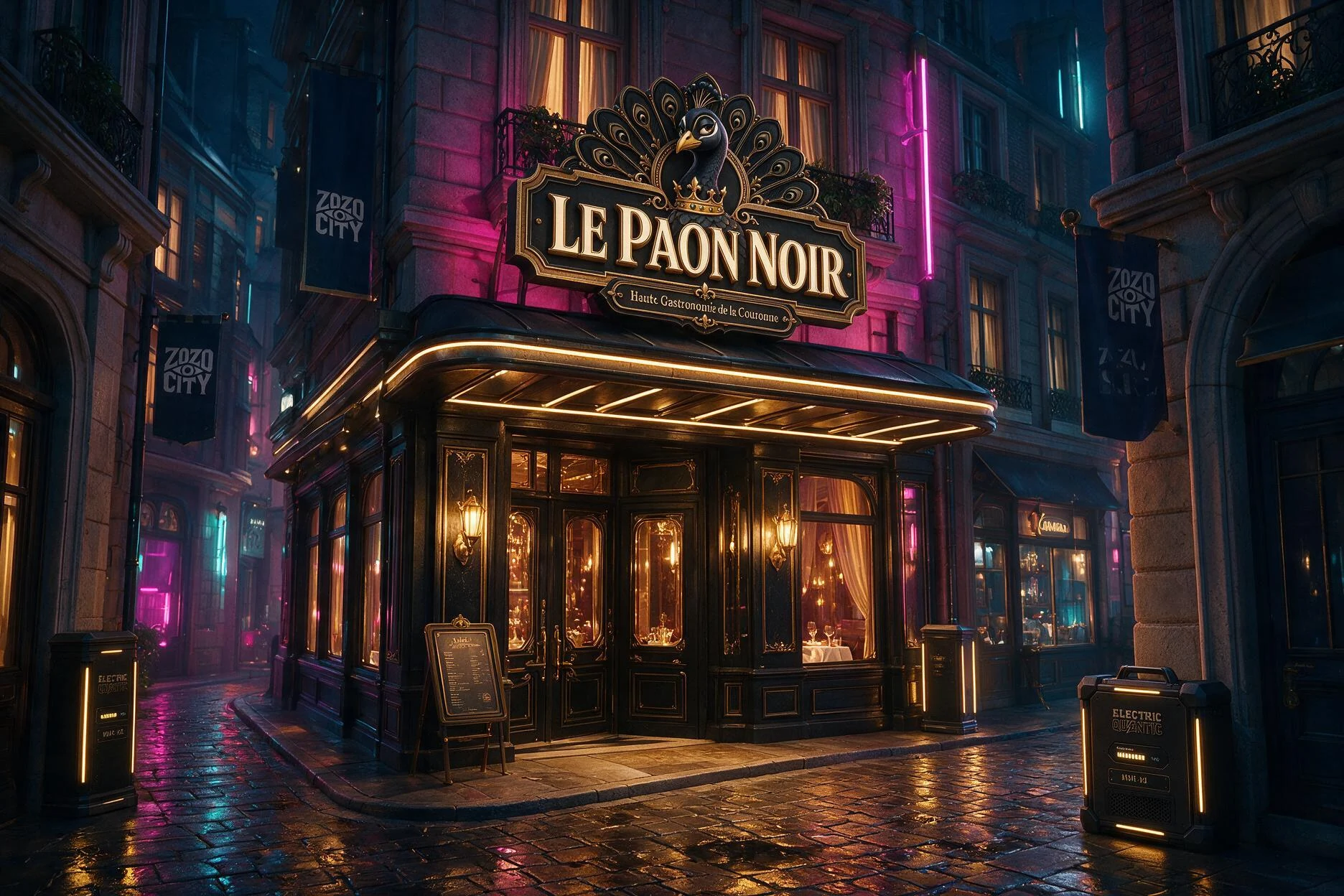 Das Restaurant Le Paon Noir in einer nächtlichen Straße von La Couronne