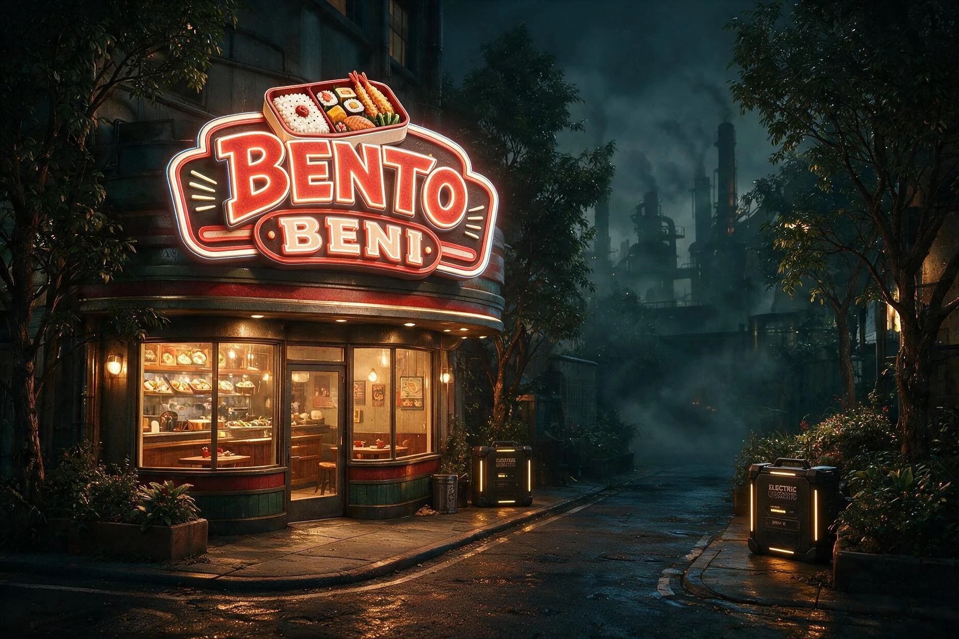 Das beleuchtete Bento Beni-Restaurant vor den Industrieanlagen von La Forge